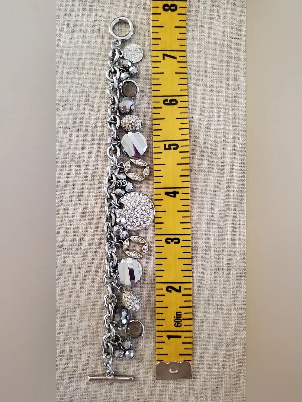 White House Black Market Crystal Charm Bracelet Silver Gunmetal Pavé Toggle